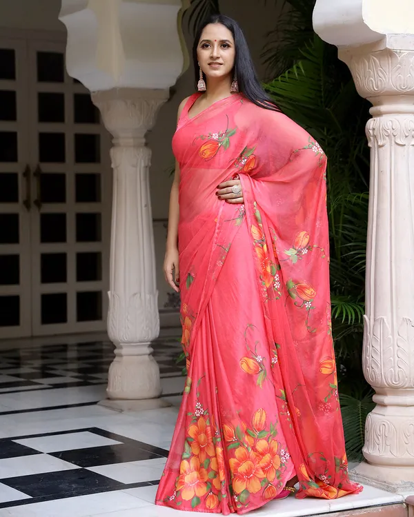 Multicolour_Floral_H_Painted_Crimson_Chiffon_Saree_For_Women